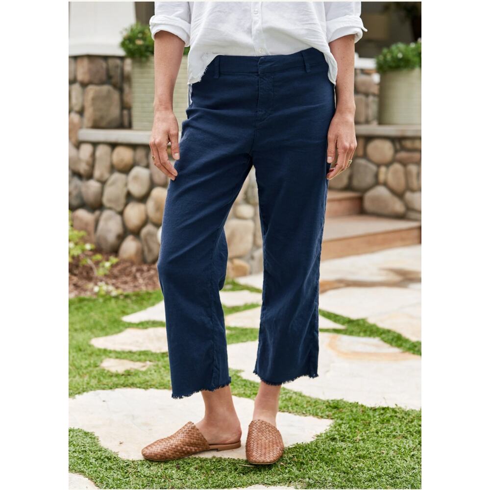 Frank & Eileen Kinsale Trouser Cropped Pants Raw Hem Navy Blue Flax USA Size 6